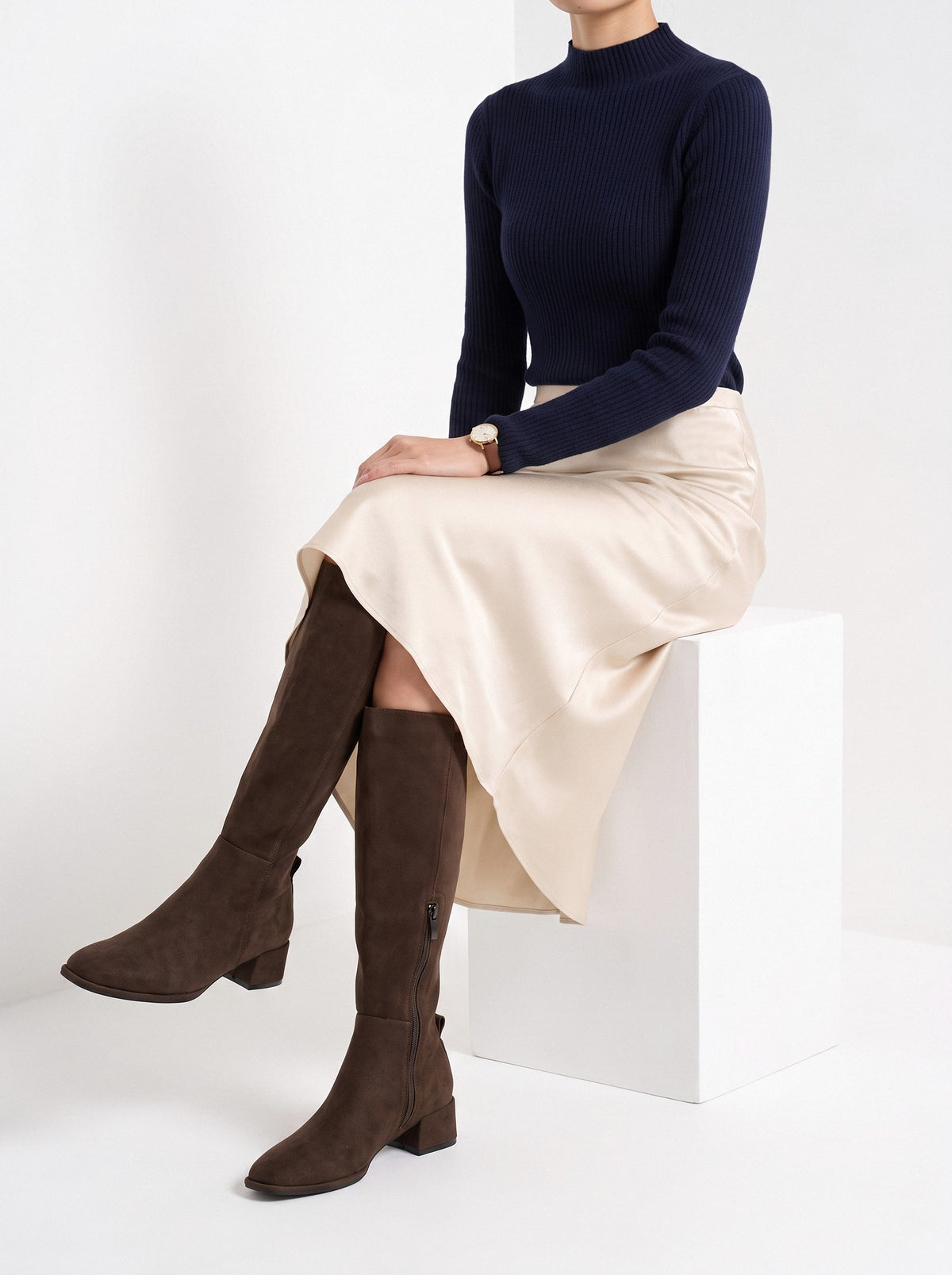 BLENIN women's suede-look over-the-knee boots in brown, seated, side view