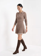 BLENIN women's cable knit polo skirt set in taupe, full outfit, walking