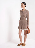 BLENIN women's cable knit polo skirt set in taupe, three-quarter view