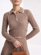 BLENIN women's cable knit polo skirt set in taupe, close-up of the details