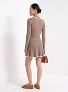 BLENIN women's cable knit polo skirt set in taupe, back view