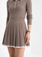 BLENIN women's cable knit polo skirt set in taupe, fit detail