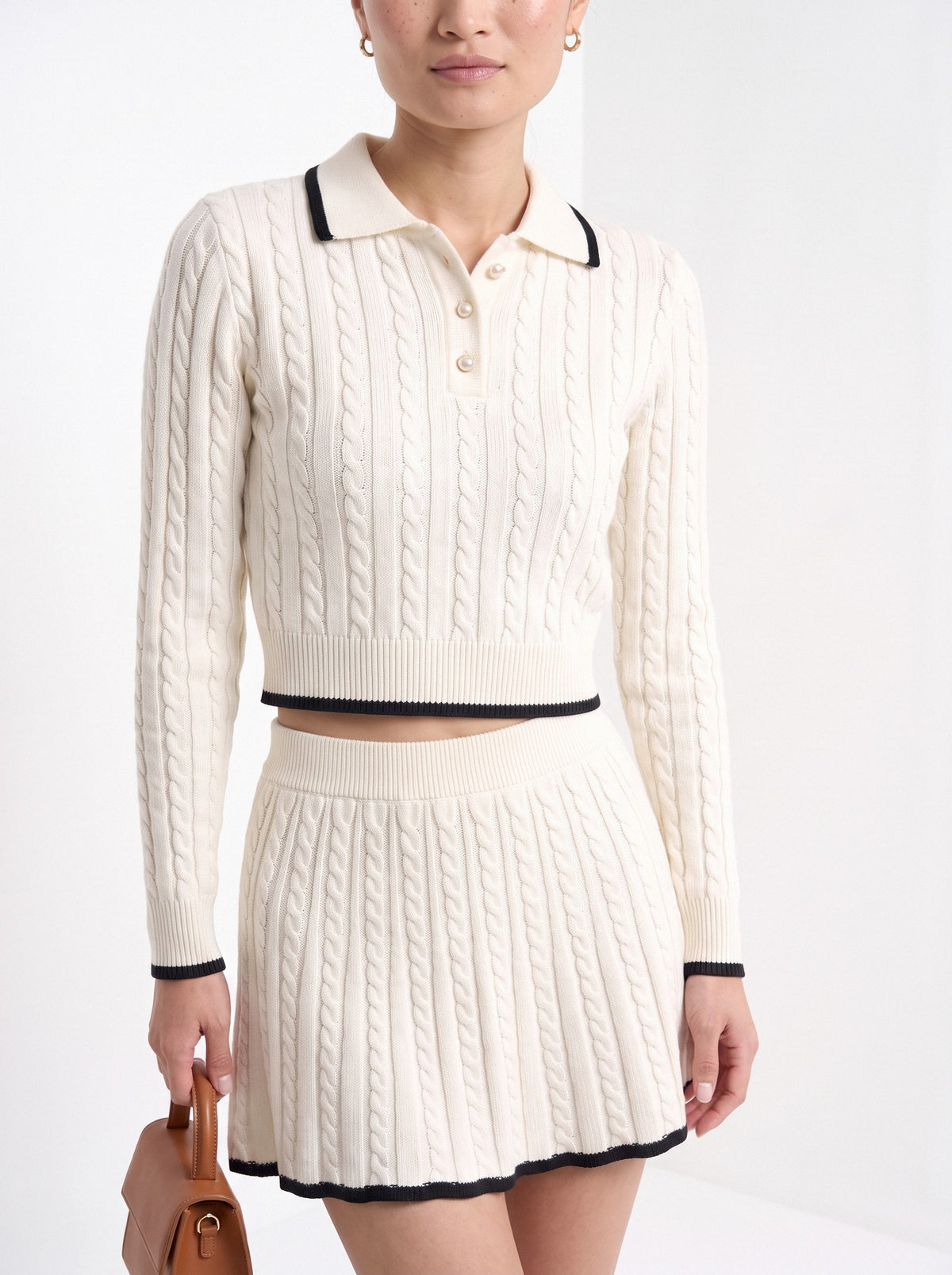 BLENIN women's cable knit polo skirt set in ivory, close-up of the details