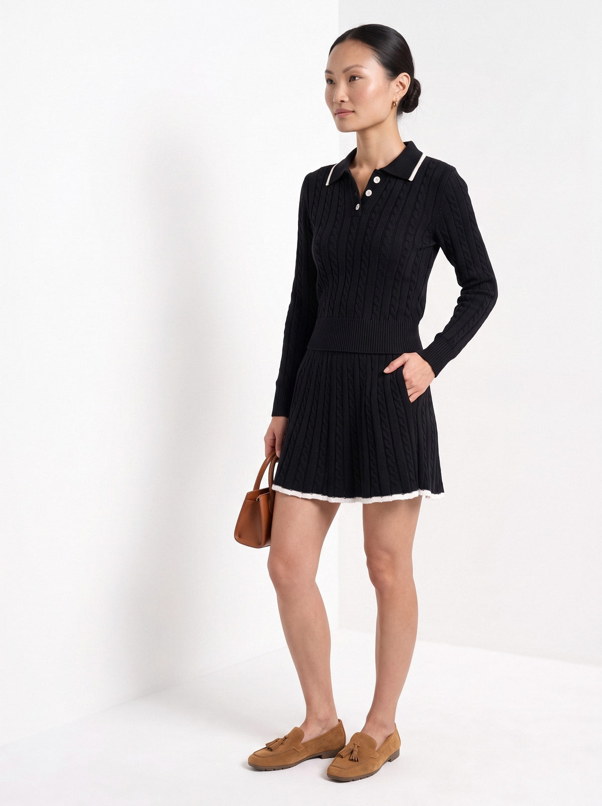 BLENIN women's cable knit polo skirt set in black, three-quarter view