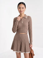 BLENIN women's cable knit polo skirt set in taupe, front portrait