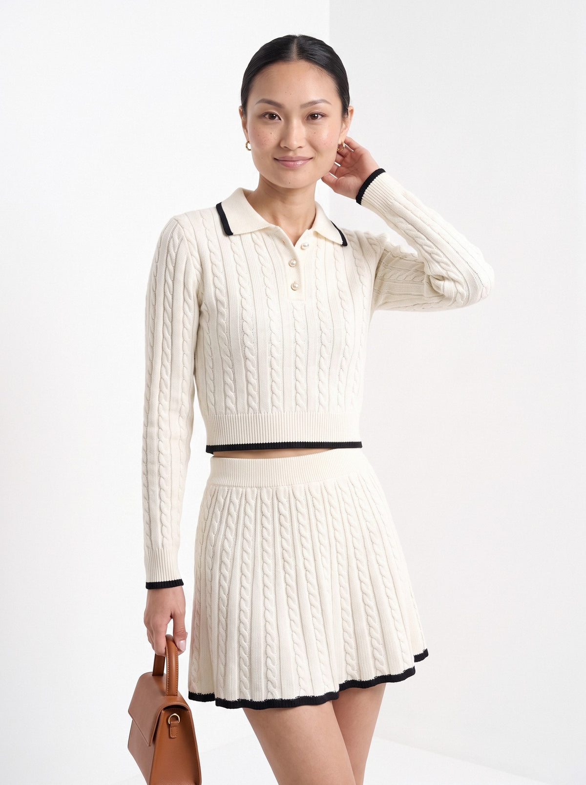 BLENIN women's cable knit polo skirt set in ivory, front portrait