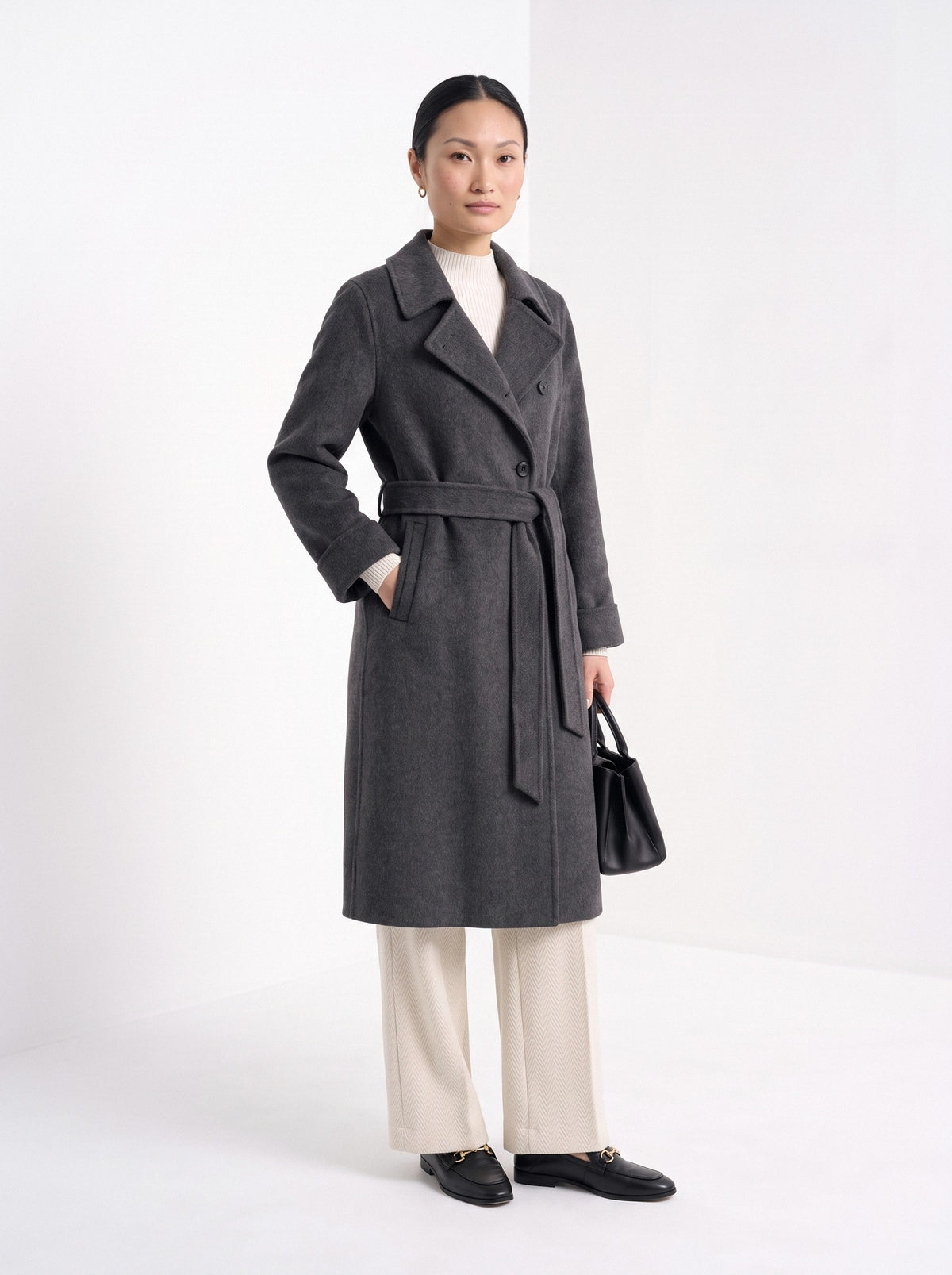 BLENIN women's double-faced wool coat in charcoal, full-length look