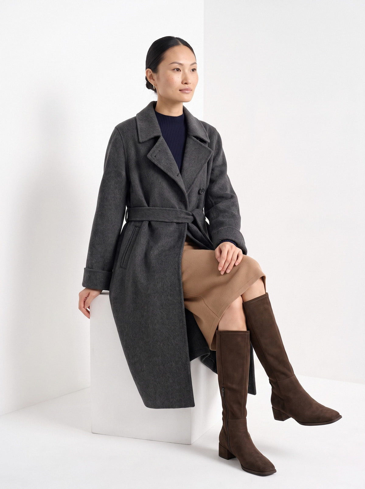BLENIN women's double-faced wool coat in charcoal, seated, full outfit