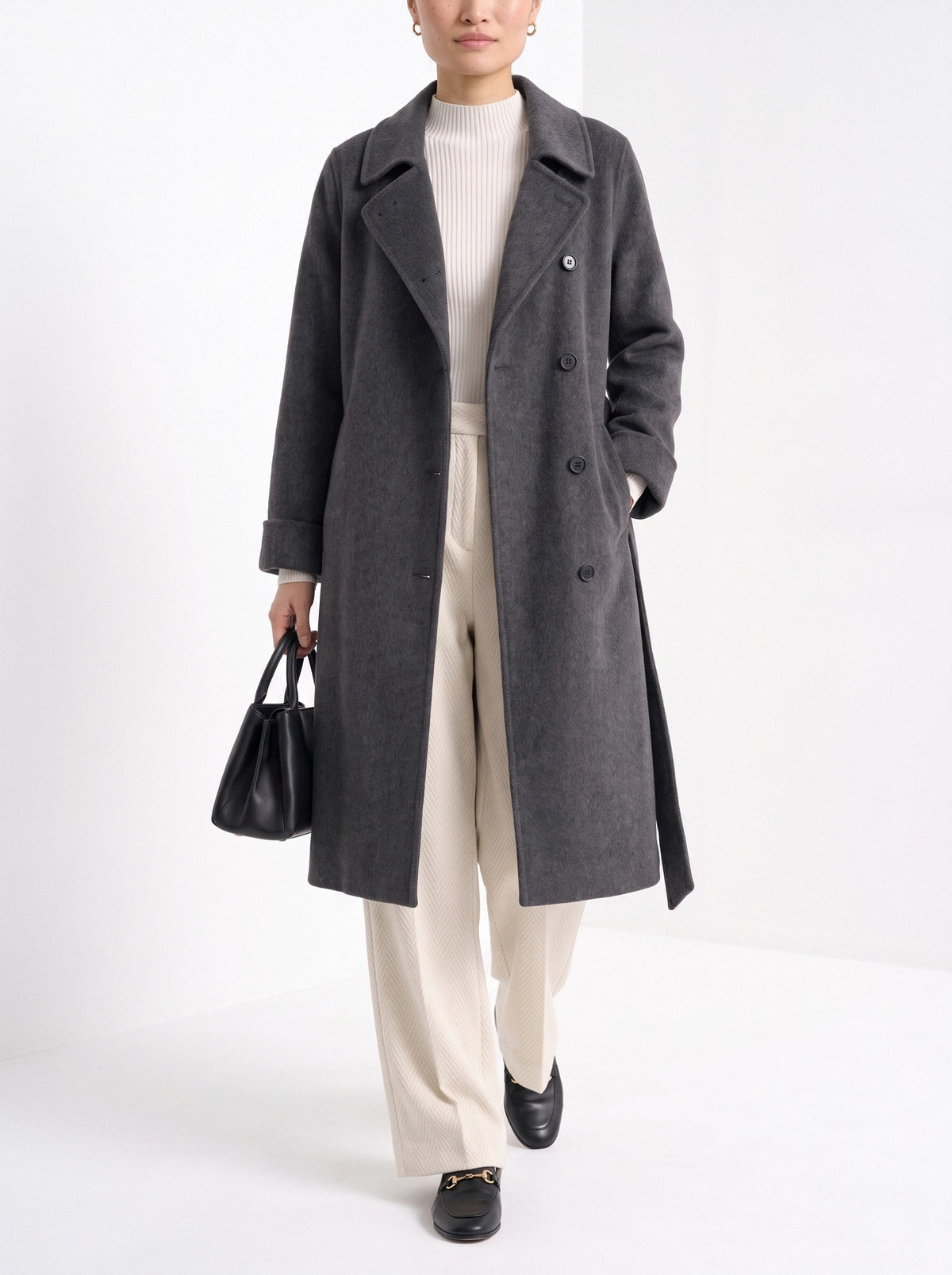 BLENIN women's double-faced wool coat in charcoal, styled detail