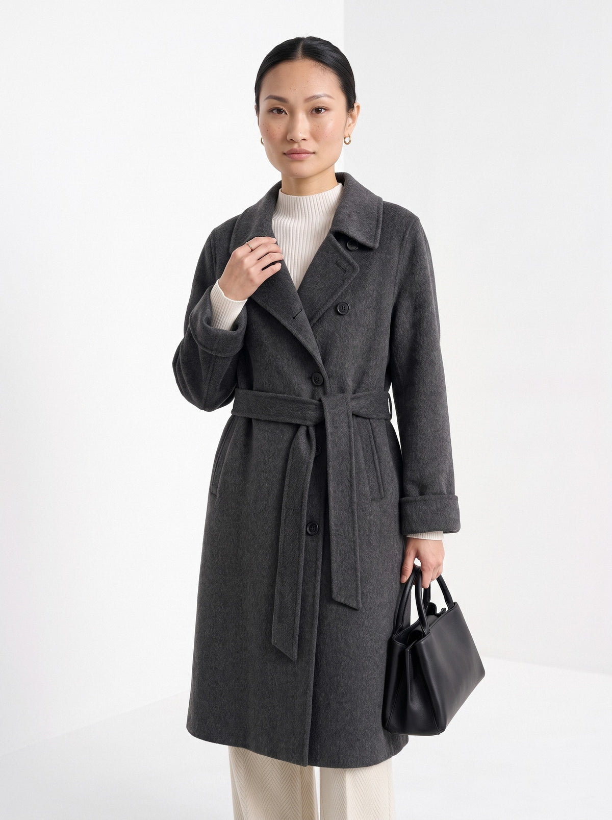 BLENIN women's double-faced wool coat in charcoal, front portrait