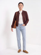 BLENIN women's suede-look bomber jacket in burgundy, full-length look