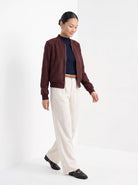 BLENIN women's suede-look bomber jacket in burgundy, full outfit, walking