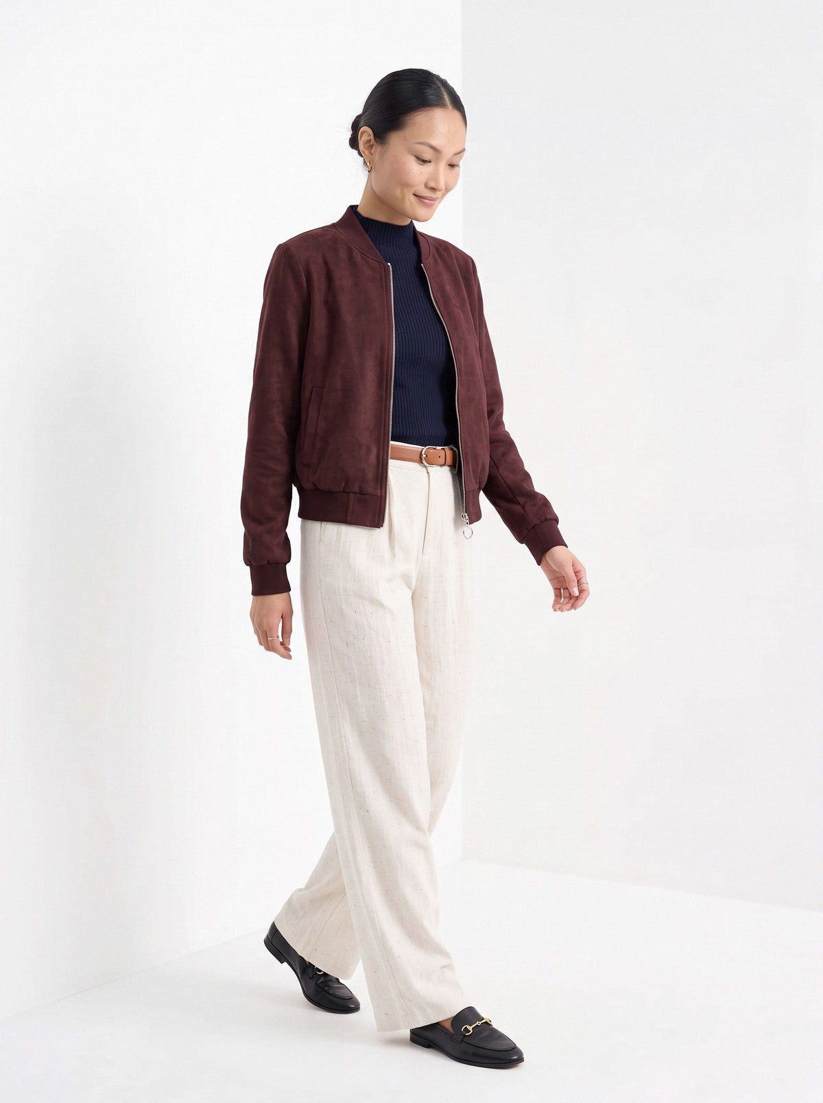 BLENIN women's suede-look bomber jacket in burgundy, full outfit, walking