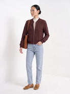 BLENIN women's suede-look bomber jacket in burgundy, three-quarter view