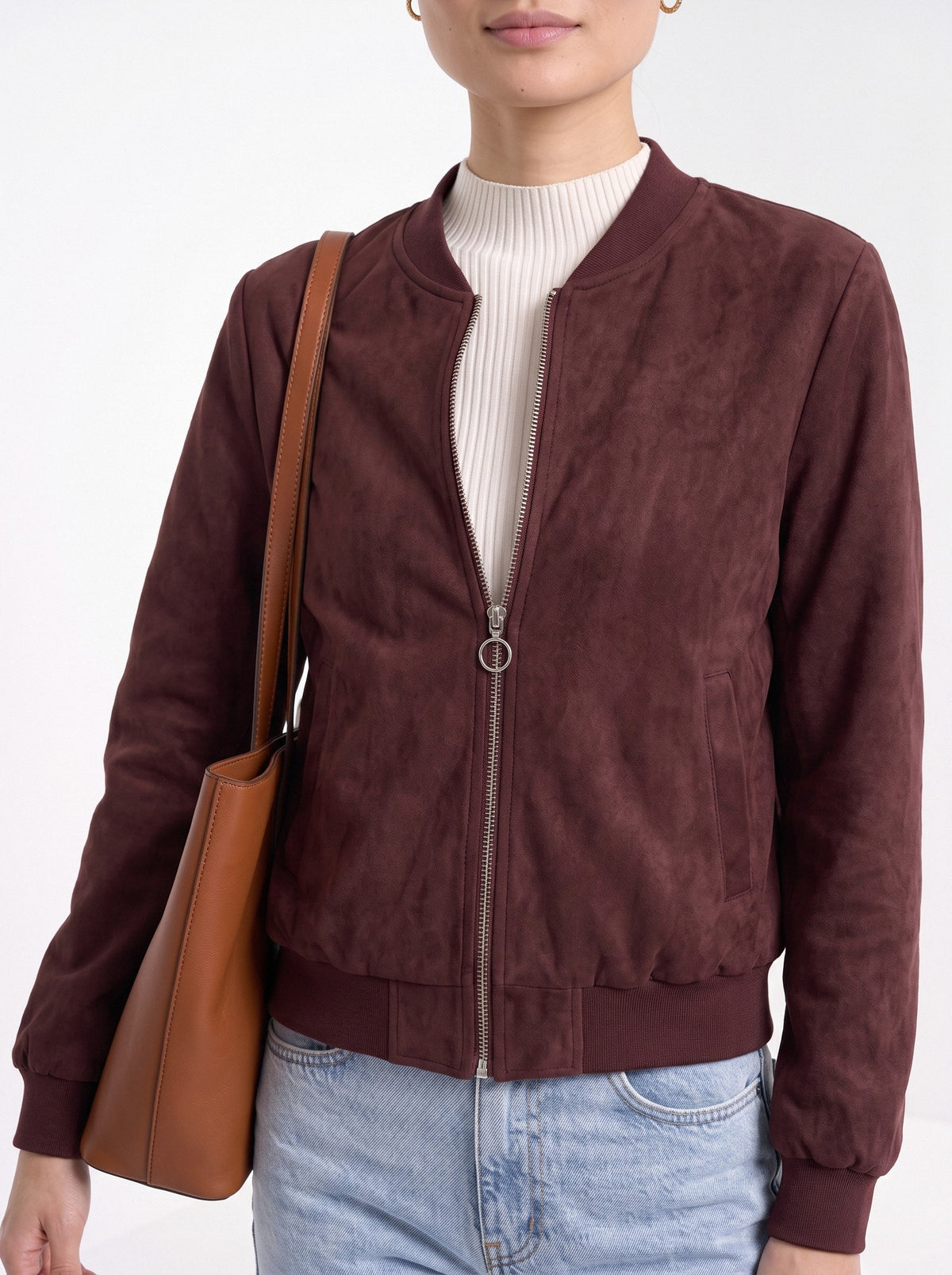 BLENIN women's suede-look bomber jacket in burgundy, close-up of the details