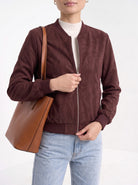 BLENIN women's suede-look bomber jacket in burgundy, styled detail