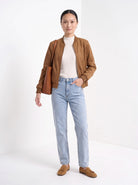 BLENIN women's suede-look bomber jacket in tobacco, full-length look