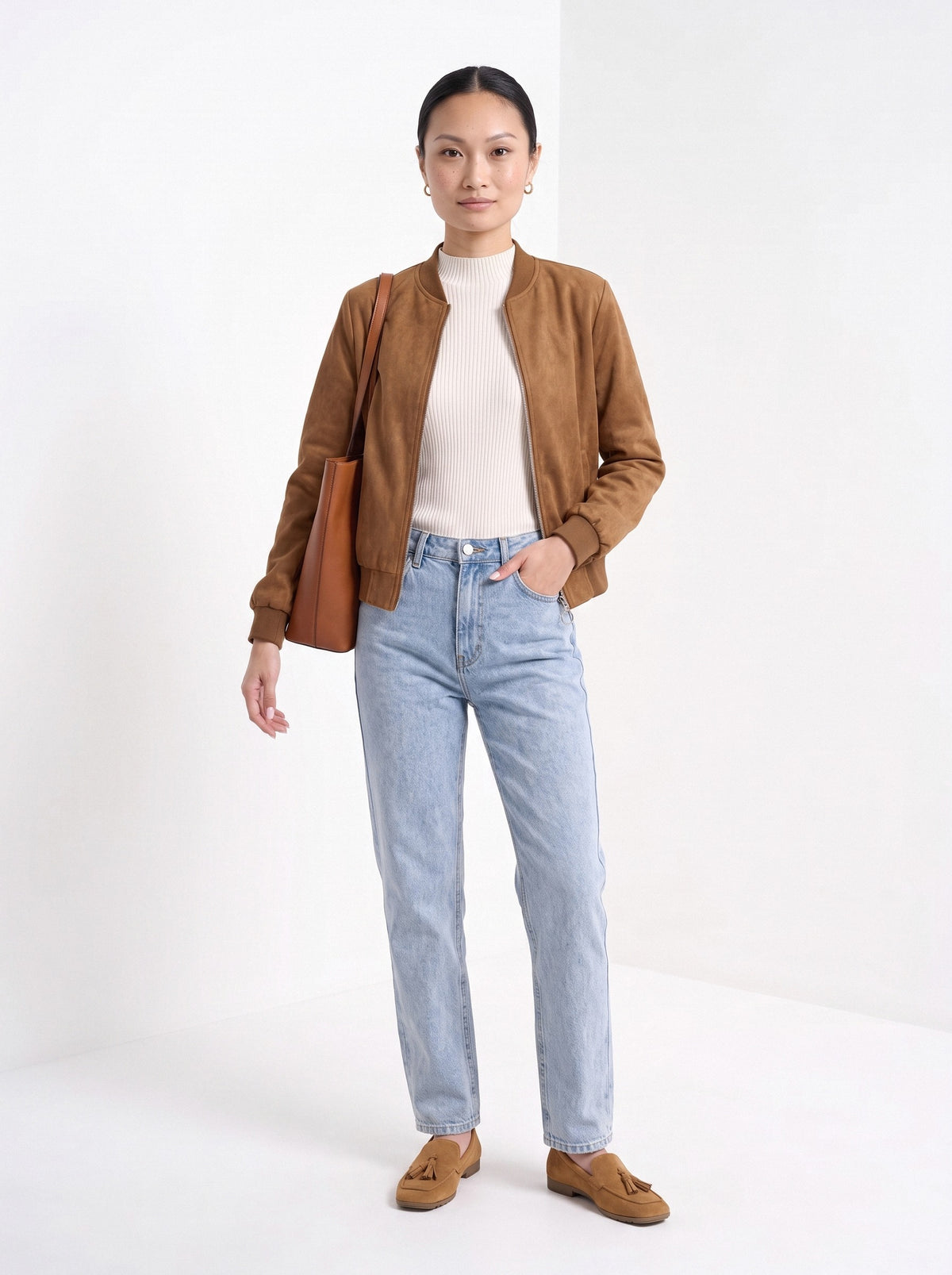 BLENIN women's suede-look bomber jacket in tobacco, full-length look