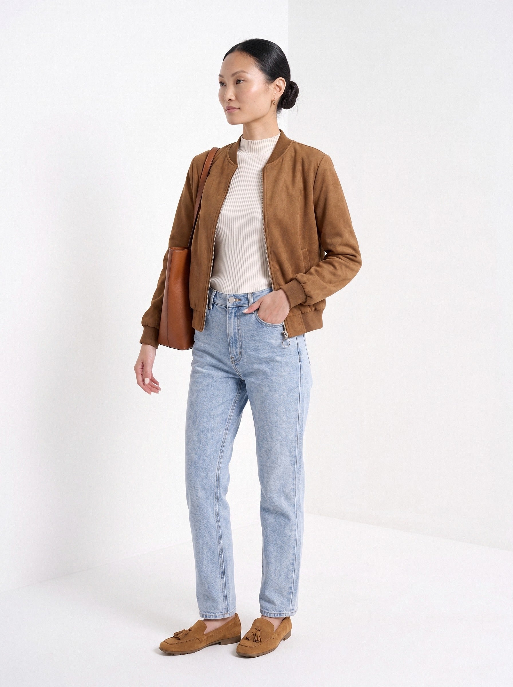 BLENIN women's suede-look bomber jacket in tobacco, three-quarter view