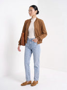 BLENIN women's suede-look bomber jacket in tobacco, three-quarter view
