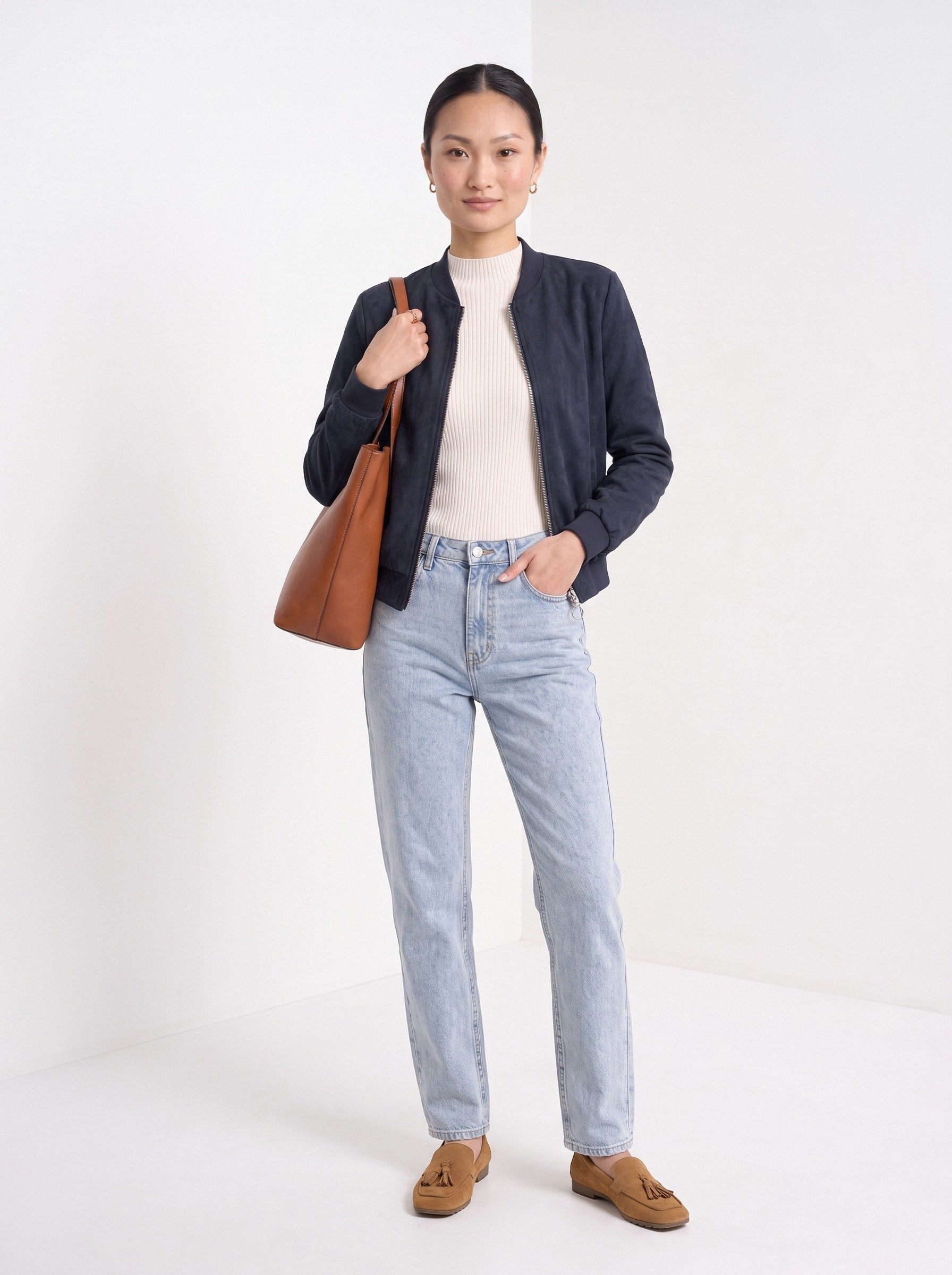 BLENIN women's suede-look bomber jacket in navy, full-length look