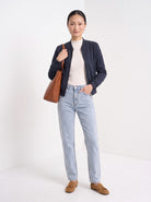 BLENIN women's suede-look bomber jacket in navy, full-length look