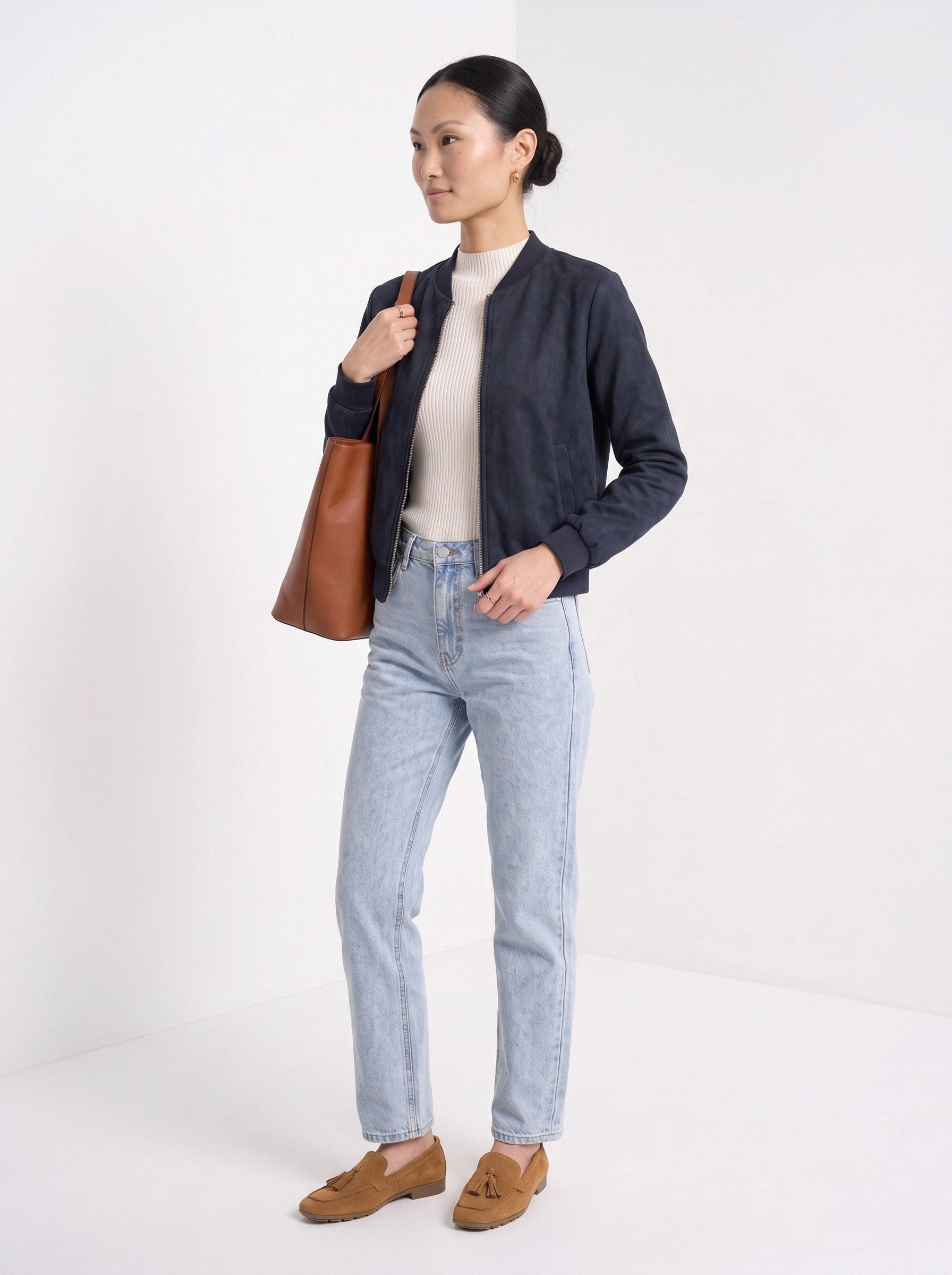 BLENIN women's suede-look bomber jacket in navy, three-quarter view