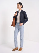 BLENIN women's suede-look bomber jacket in navy, three-quarter view