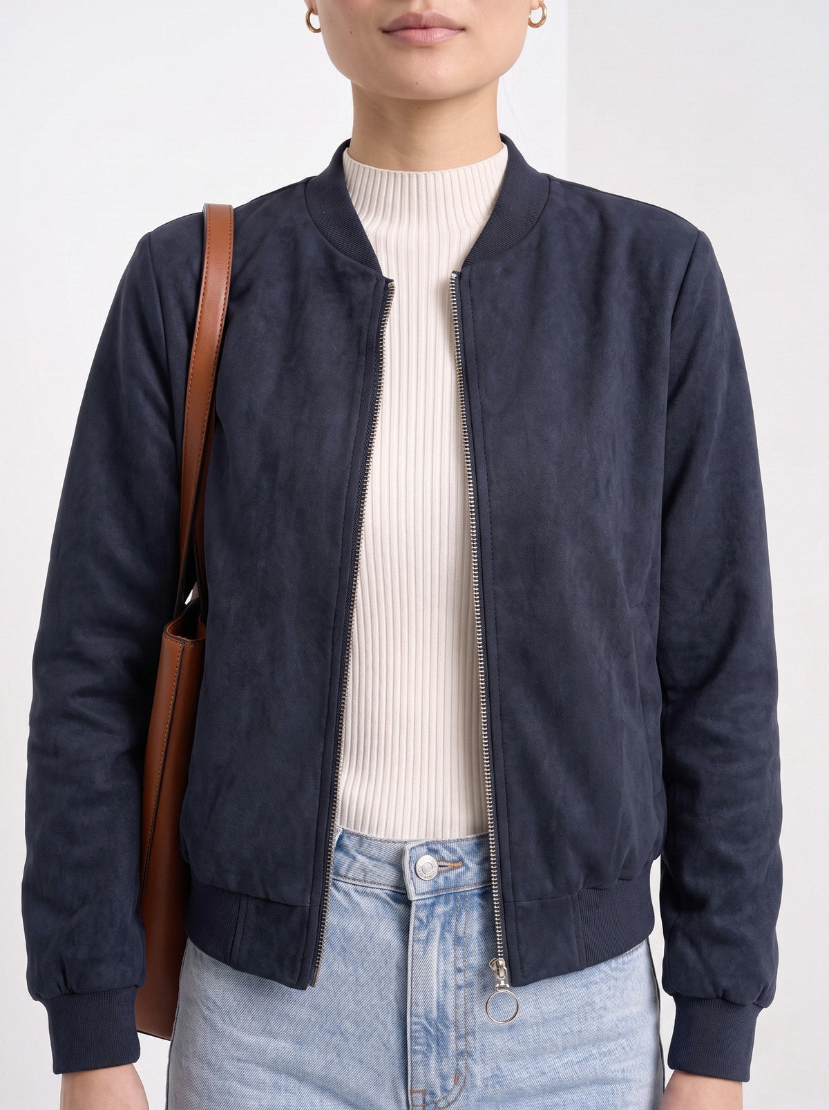 BLENIN women's suede-look bomber jacket in navy, close-up of the details
