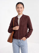 BLENIN women's suede-look bomber jacket in burgundy, front portrait