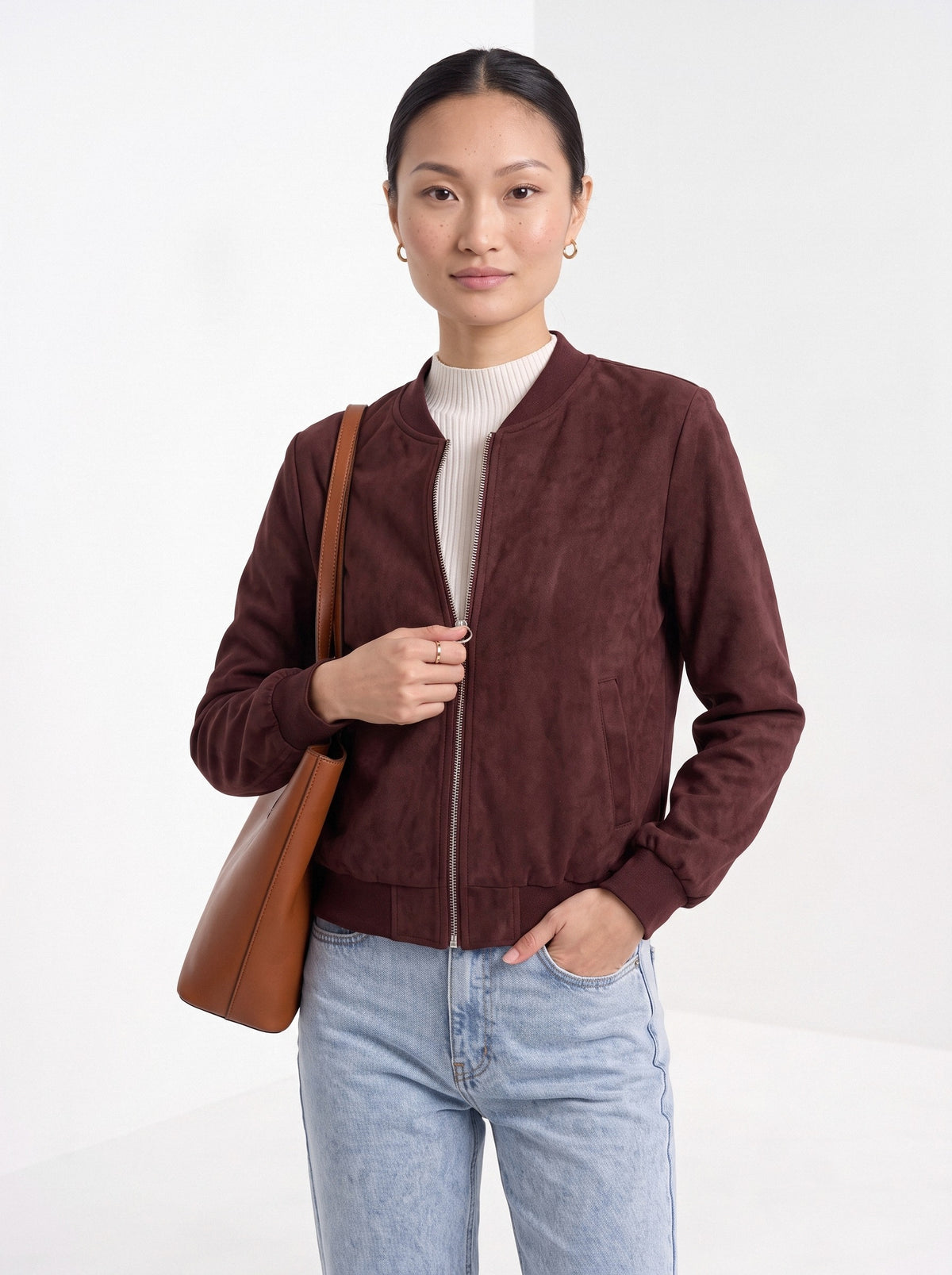 BLENIN women's suede-look bomber jacket in burgundy, front portrait