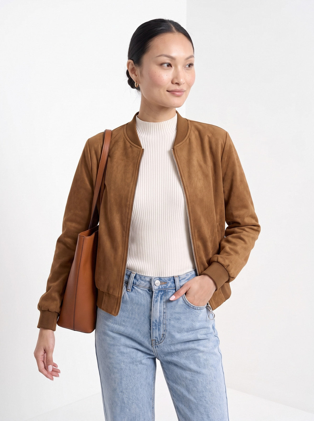 BLENIN women's suede-look bomber jacket in tobacco, front portrait