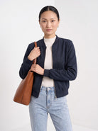 BLENIN women's suede-look bomber jacket in navy, front portrait