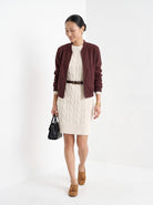 BLENIN women's cable knit sweater dress in ivory, full outfit, walking