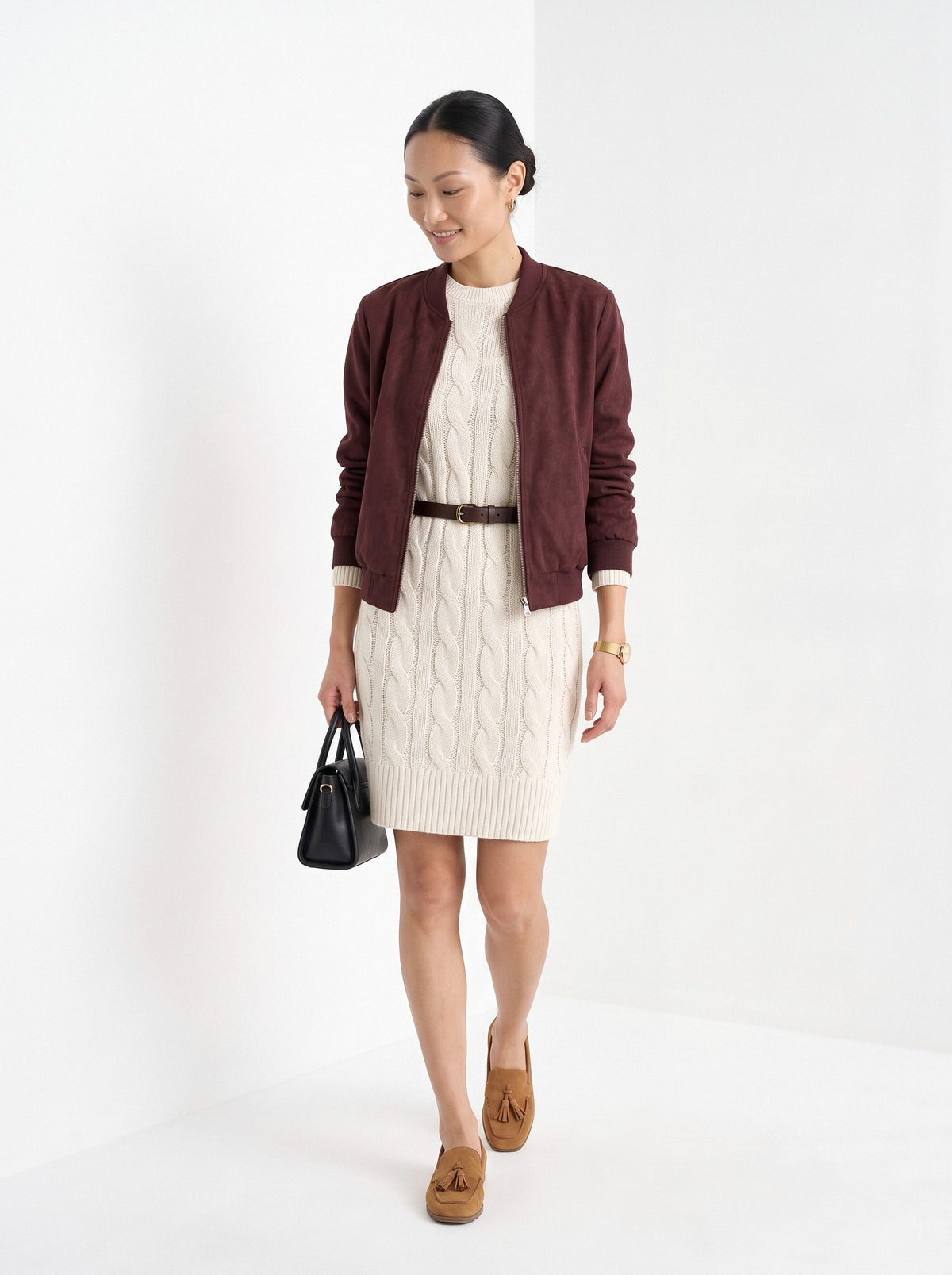 BLENIN women's cable knit sweater dress in ivory, full outfit, walking