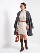 BLENIN women's cable knit sweater dress in ivory, three-quarter view