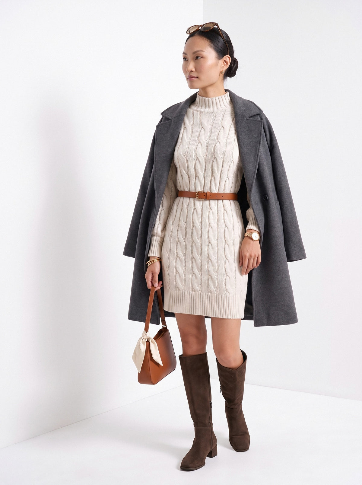 BLENIN women's cable knit sweater dress in ivory, three-quarter view