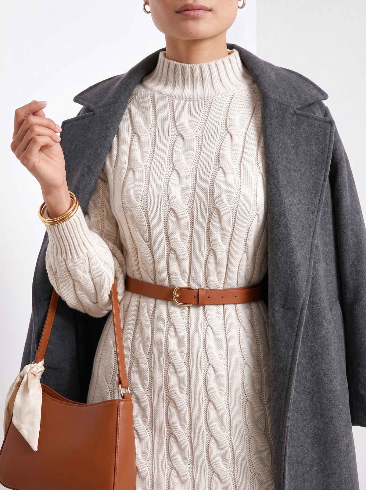 BLENIN women's cable knit sweater dress in ivory, close-up of the details
