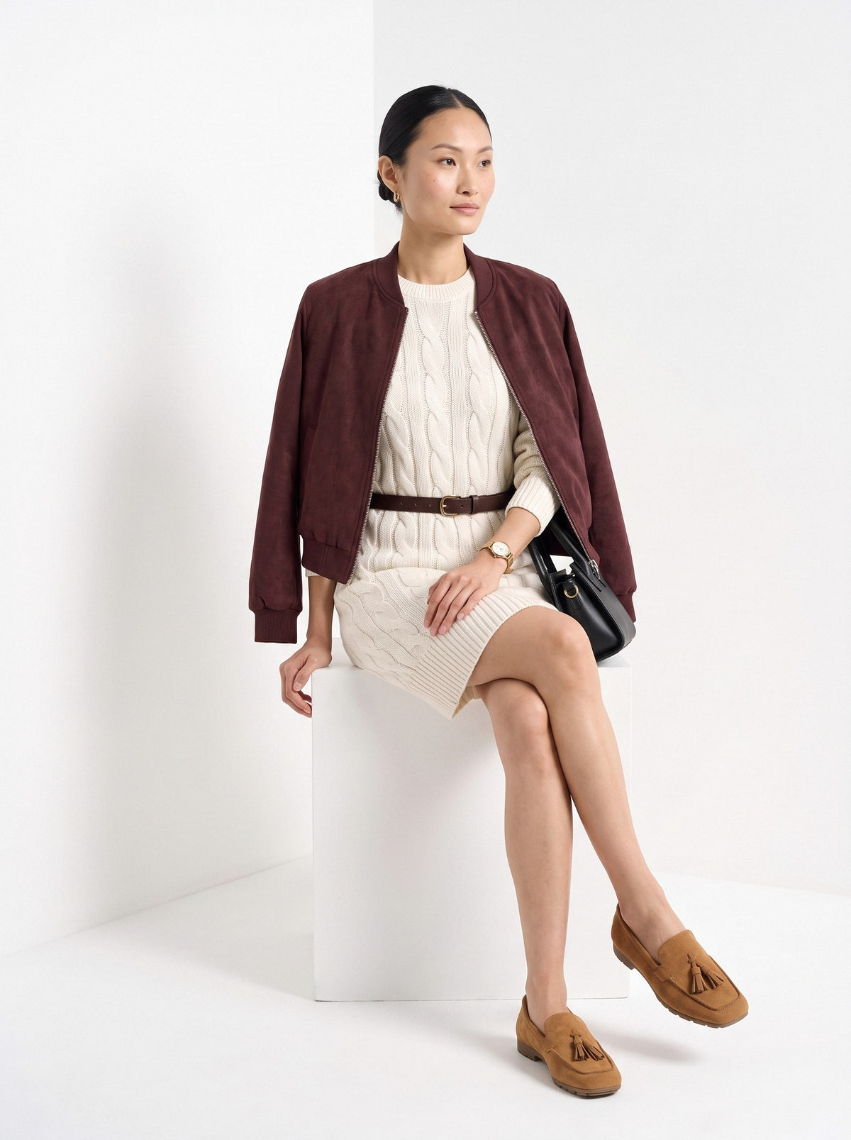 BLENIN women's cable knit sweater dress in ivory, seated, full outfit