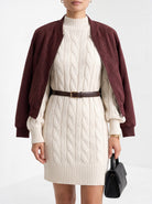 BLENIN women's cable knit sweater dress in ivory, fit detail