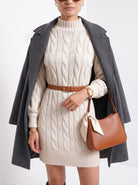 BLENIN women's cable knit sweater dress in ivory, styled detail