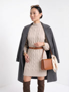 BLENIN women's cable knit sweater dress in oatmeal, three-quarter view