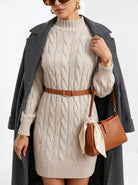 BLENIN women's cable knit sweater dress in oatmeal, close-up of the details