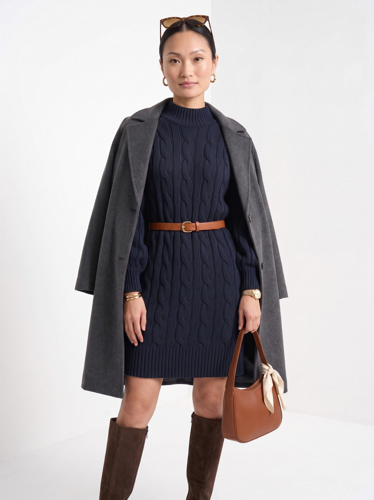 BLENIN women's cable knit sweater dress in navy, full-length look
