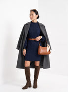 BLENIN women's cable knit sweater dress in navy, three-quarter view