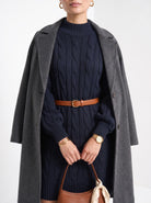 BLENIN women's cable knit sweater dress in navy, close-up of the details