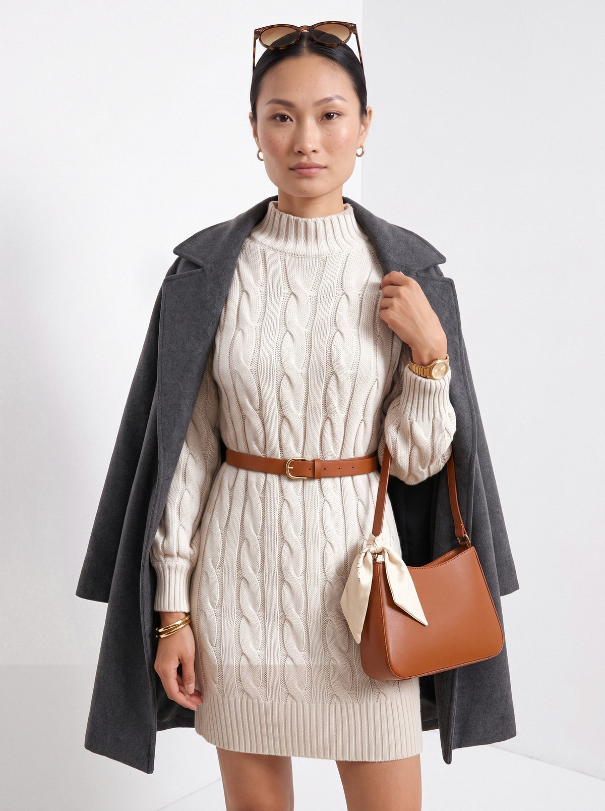 BLENIN women's cable knit sweater dress in ivory, front portrait