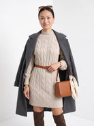 BLENIN women's cable knit sweater dress in oatmeal, front portrait