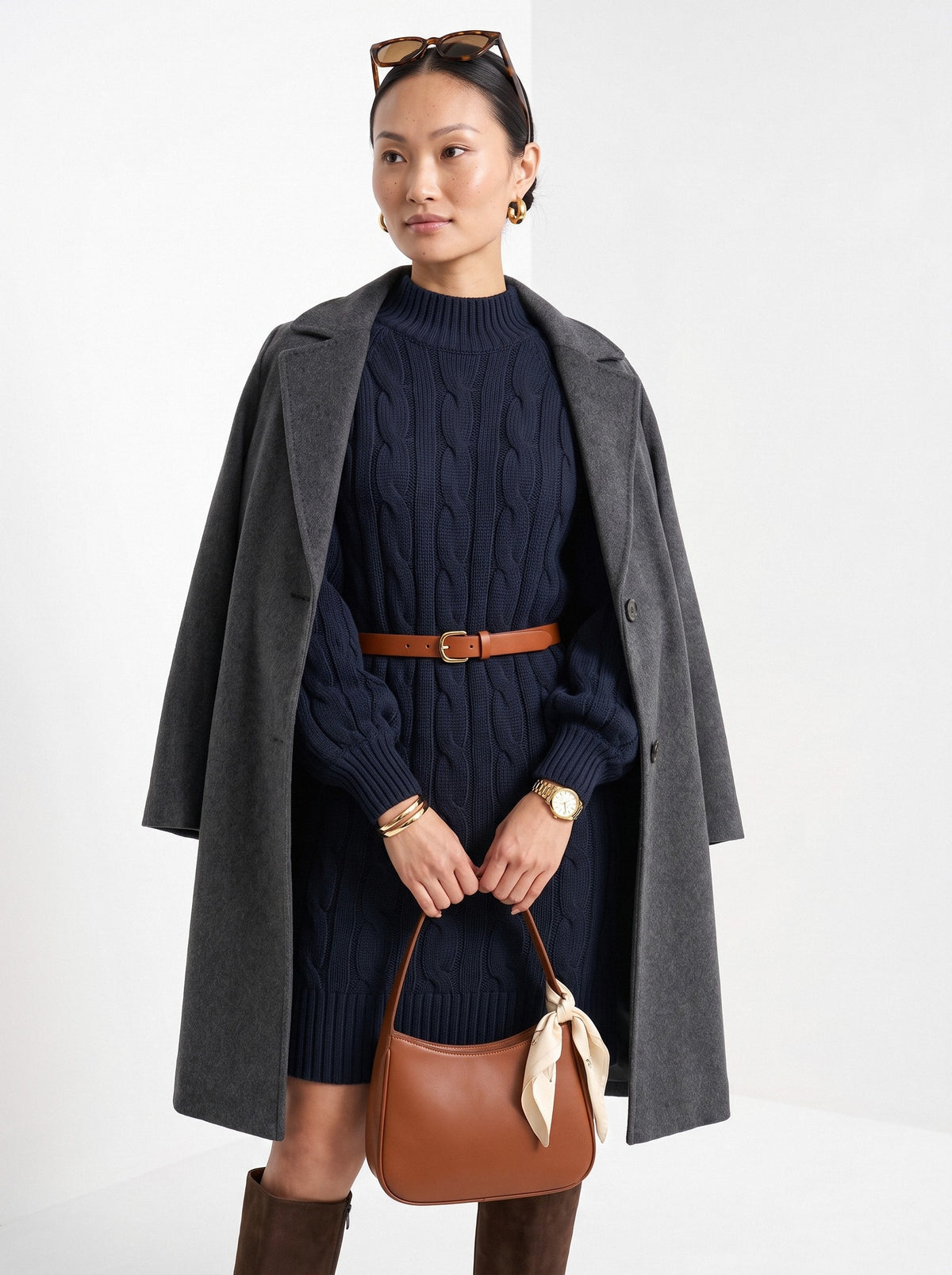 BLENIN women's cable knit sweater dress in navy, front portrait